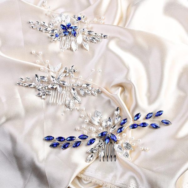 Fermagli per capelli Colore argento/blu Pettini a foglia Accessori Fatti a mano Ornamento da sposa per donna Decorazione per la testa di nozze di perle Tiara elegante