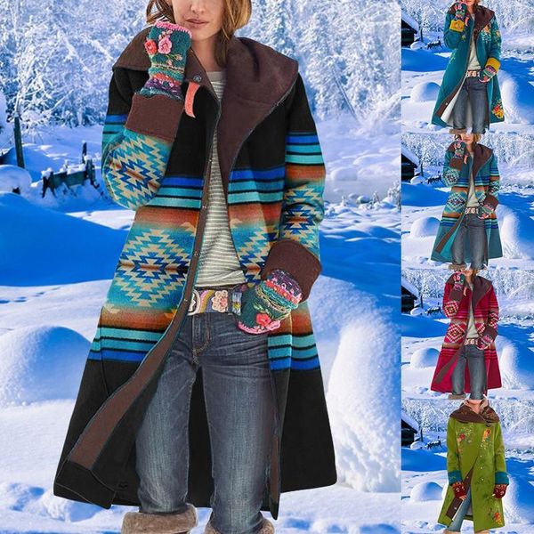 Femmes laine mélanges femmes à capuche Cardigan manteau hiver surdimensionné Floral Patchwork imprimé longue veste mode coupe-vent