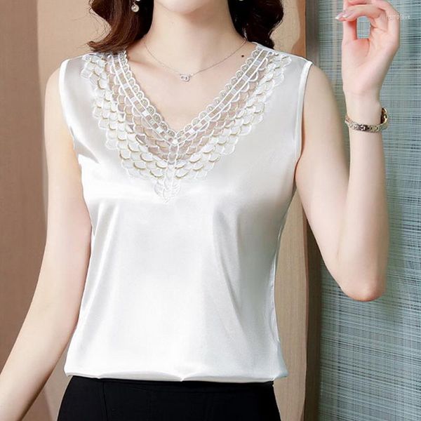 Blusas femininas 2023 verão de cetim solto tops de cetim elegantes bordados de renda brancos camisas de moda mangueira de seda Blusas para mujer