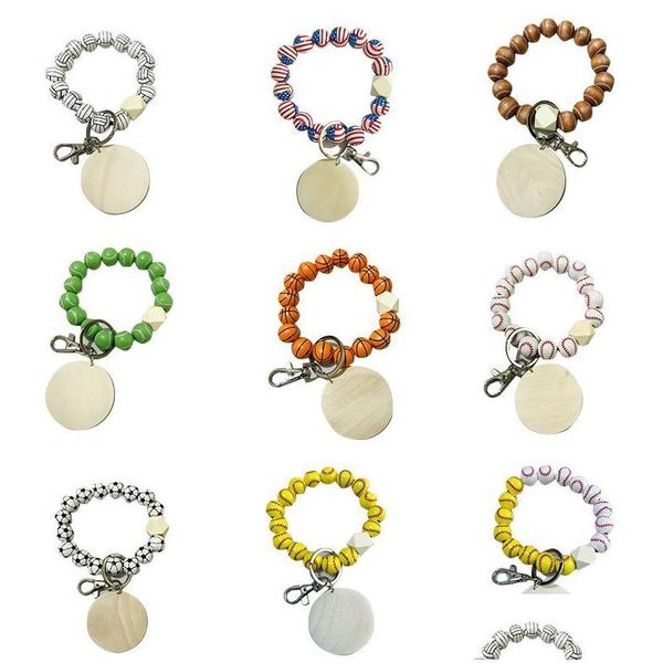 Bomboniera Fai da te Bracciale con perline Ciondolo portachiavi Pallone sportivo Calcio Baseball Pallacanestro Perline di legno 9 colori Drop Delivery Home Gard Dhutc