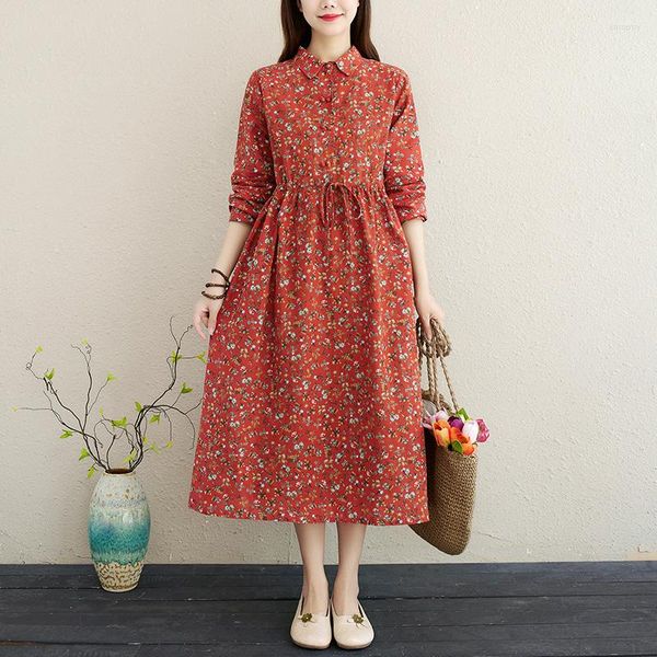 Abiti casual 2023 primavera autunno cotone lino stampa floreale vintage arancione abiti lunghi da donna abiti eleganti abito da donna