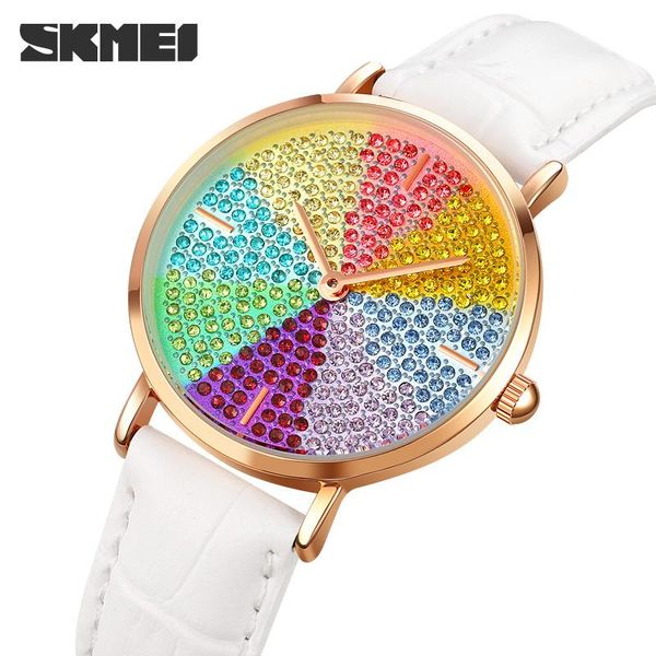 Нарученные часы Skmei Женщины бриллиантовые часы Starry Bracelet Watch Set Ladies Кожаные кожаные ленты Quartz Bristatch Женские часы Relogio feminino