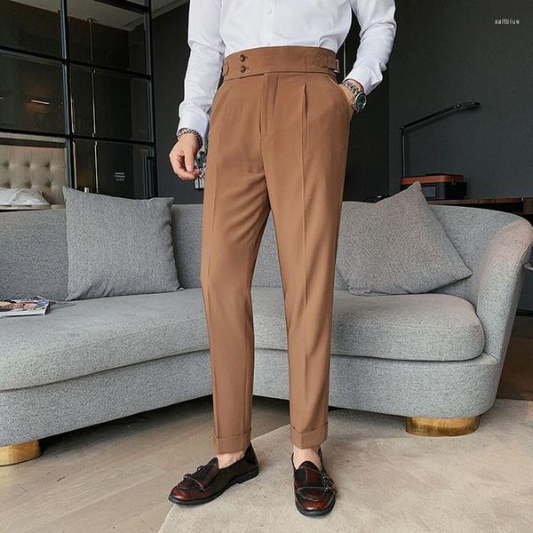 Herrenhosen Design Männer Hose mit hoher Taille Solide England Business Casual Anzug Gürtel Gerade Slim Fit Bottoms Weiße Kleidung