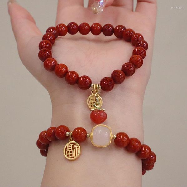 Bracelets de charme estilo chinês Bracelete de ágata vermelho natural a todos os pendentes Yanyuan Peach Design sentindo uma pequena mão do papel de que eu