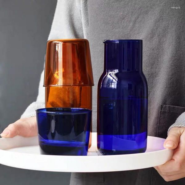 Bottiglie d'acqua Set di tazze da tè in vetro da 550 ml Tazza per succhi di frutta semplice resistente al calore con brocca per tè Bottiglia Bicchieri Colore blu