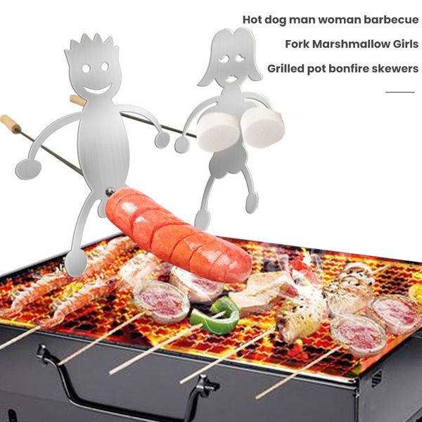 Acessórios para ferramentas de churrasco 2pcs Conjunto de cães garoto de garoto rack menina fogão engraçado Salsicha metal Metal Gadget de cozinha de fogueira grelhada 230522