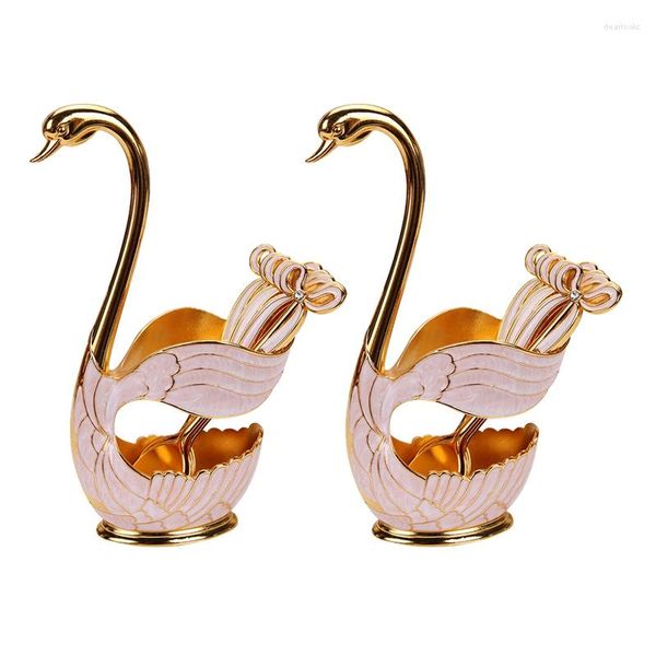 Set di stoviglie Set in lega di zinco Torta di frutta Forchetta Caffè Cucchiaio da tè Porta cigno Posate 2Xswan 12Xspoons Gold