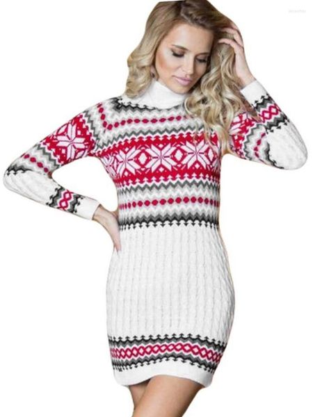 Sıradan elbiseler Noel kazak elbisesi kadınlar kirliyor uzun kollu patchwork desen mini bodycon yıl 2023 beyaz vester navidad