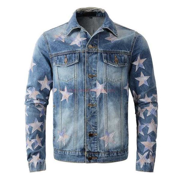 Roupas de grife Amires AM Denim Jaqueta 451 Tendência Marca Amies Novo Casaco Denim Rosa Estrela Azul Denim Top Mens Jaqueta Slim Fit Tendência Casual Casacos Moda Jean Outerwe 6V7W