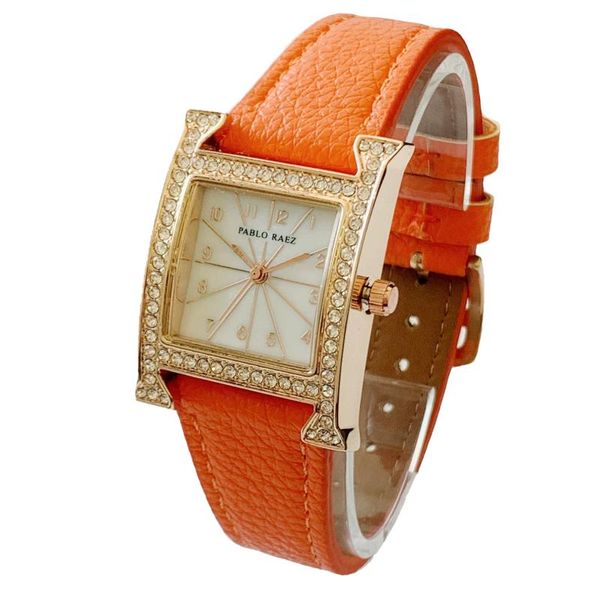 Armbanduhren PABLO RAEZ Frauen Diamant Top Mode Casual Uhr Wasserdichte Luxusuhr Orange Leder Dame Elegantes Kleid Armbanduhr Mädchen GIF