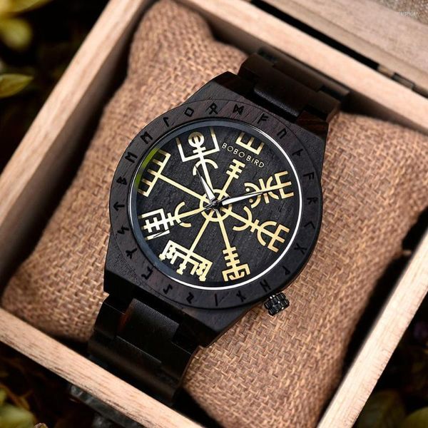 Relógios de pulso Relvoado Hombre Bobo Bird Wood Watch for Men Runic Circle Watches com leme dourado de Awe ou Vegvisir Male Wristwatch Drop