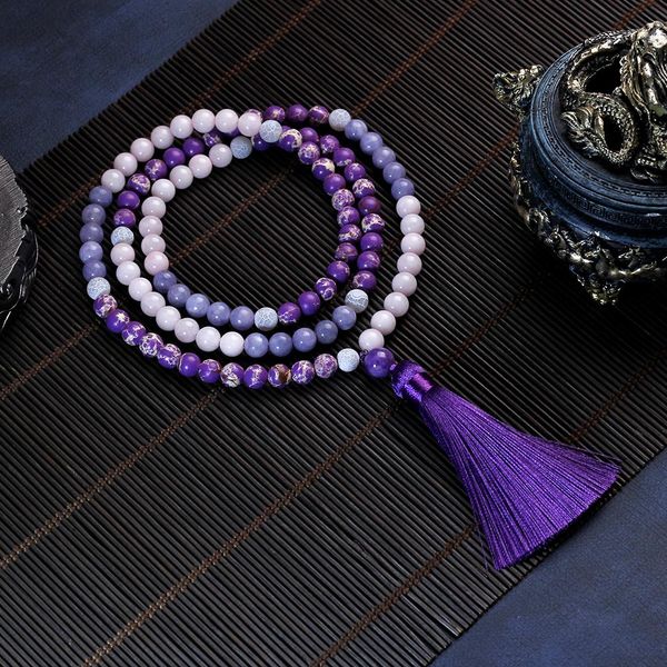 Colares 108 feminino japamala colar roxo borla frisado colar pedra imperial meditação yoga fonte estoque jóias femininas