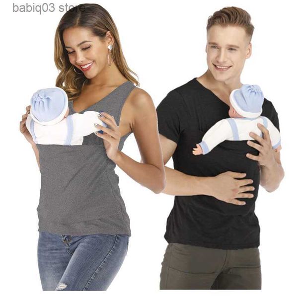 Maternità Top Tees Safety T-shirt con tasca a marsupio Marsupio Vestiti per la gravidanza Estate Madre Padre T-shirt in cotone di nylon di alta qualità per l'alimentazione T230523
