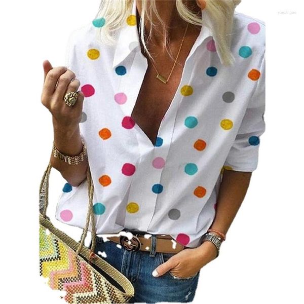 T-shirt da donna Camicetta a pois autunnale Camicia da donna a maniche lunghe con colletto rovesciato Streetwear Elegante top bianco Baggy Office Lady Abbigliamento