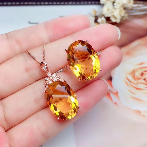 Kolye Büyük Boyut Sarı Topaz Sitrine Takı Seti Ring Kolye Dahil Gerçek 925 Gümüş Doğum Günü Partisi Hediye Kız Süslemesi