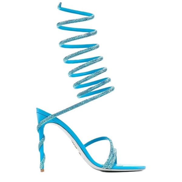 Rene caovilla cleo açık ayak parmağı sandalet kristal süslenmiş spiral sargı sandal twining rhinestone sandal kadın gökkuşağı stiletto topuklu ayakkabılar 35-42 xxaa oxxoxo