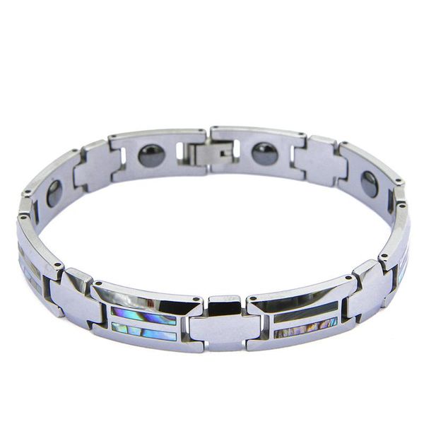 Pulseiras masculinas de alta qualidade, à prova d'água, não mancha, luxo, moda, concha de abalone, carboneto de tungstênio, joias, hematita magnética