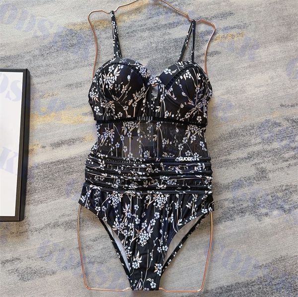 Mesh de biquíni de moda de banho com moda de banho de flor, veja através do maiô One Piece Swimsuit