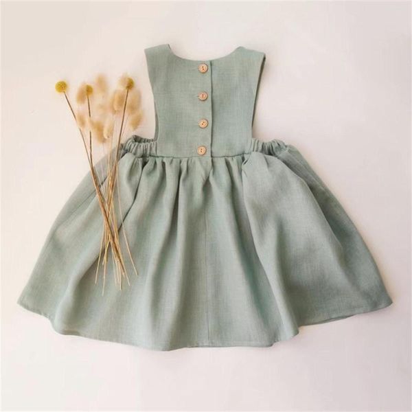 Vestidos de menina Criança de linho de algodão verão vestido sem mangas verde -verde sólido diariamente desgaste e princesa linda