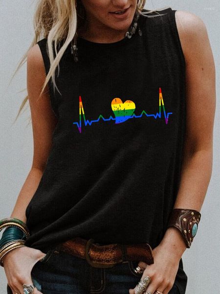 Damen T-Shirts LGBT Ärmelloses Shirt Regenbogen Herzschlag Grafikdruck Frauen Lustiges Sommer Casual Top Geschenk für Sie