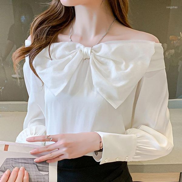 Kadın bluzları Fransız retro bow gömleği kadınlar Sonbahar 2023 Beyaz Uzun Kollu Üstler ve Bluz Siyah Slash Boyun Katı Blusas Kadın 1248