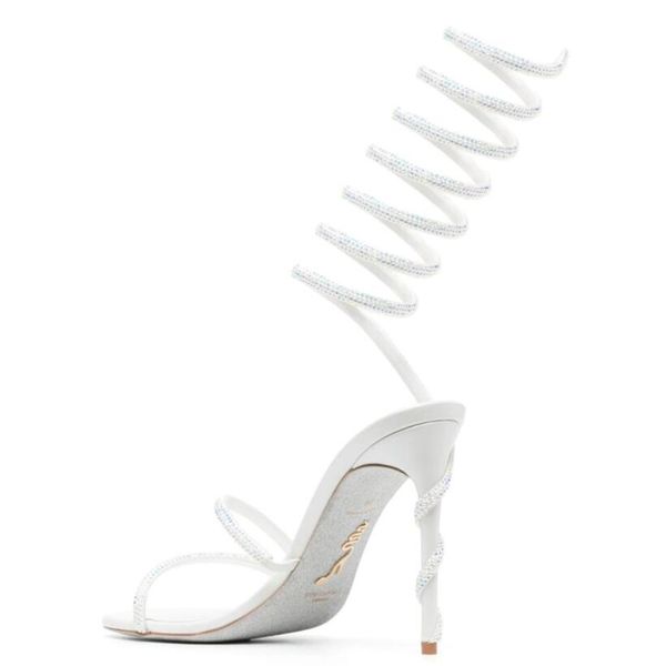 Rene caovilla cleo açık ayak parmağı sandalet kristal süslenmiş spiral sarma sandal twining rhinestone sandal kadın gökkuşağı stiletto topuklu ayakkabılar 35-42 xxaa xxoxxo