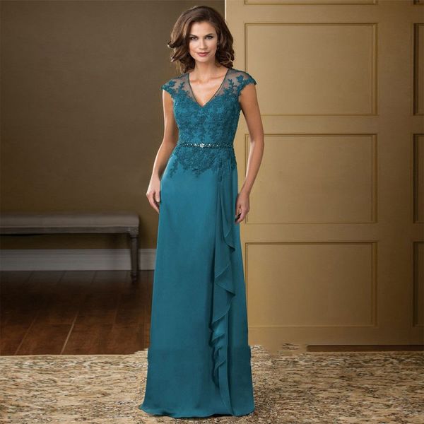 verde acqua blu pizzo madre della sposa abiti con scollo a V in rilievo lunghezza del pavimento chiffon madre abiti da sera formale