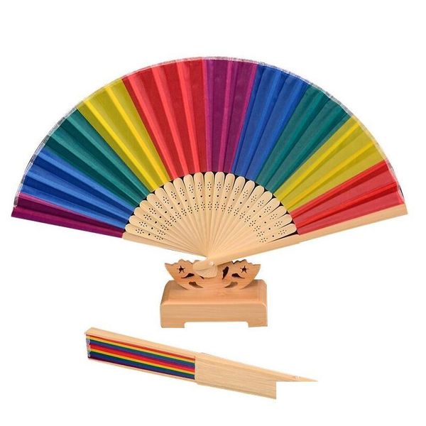 Artes e artesanato moda arco -íris fã de fã de bambu de seda de seda festival de decoração de palco de desempenho de dança 38x21cm entrega de gota dhitw