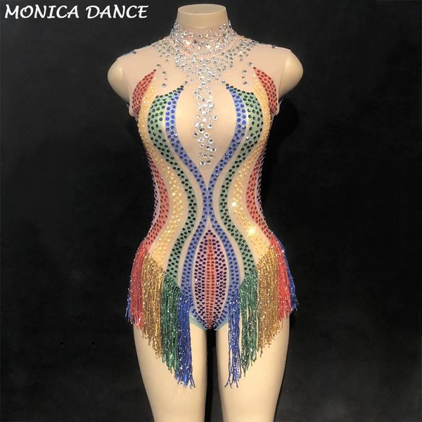 Macacões femininos macacões Mulheres coloridas arco -íris tassel malha de malha de collant rhinestones perspectiva franjas finger bodysuit stage roupas de traje de dança de desempenho 230522