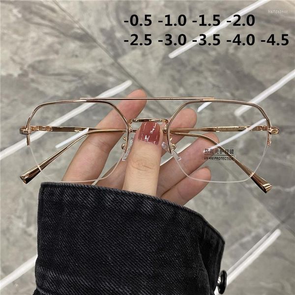 Montature per occhiali da sole -1.0 1.5 2.0 A 4.0 Occhiali miopia finiti Donna Uomo Metallo Occhiali miopi Prescrizione Double Beam Semi-Rimless