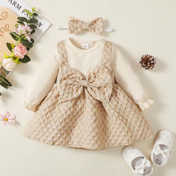 Abiti da ragazza 2023-11-03 Lioraitiin 0-3 anni Toddler Girls Princess Dress Contrast Colors Bow maniche lunghe A-line e fascia