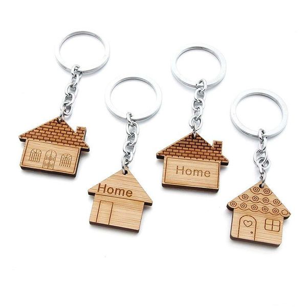 Keychains colhedores 4 estilos de madeira Chave de madeira Creative House pendente Decoração de decoração -chave Relocação de cadeia Presente Entrega Drop Dhrsc