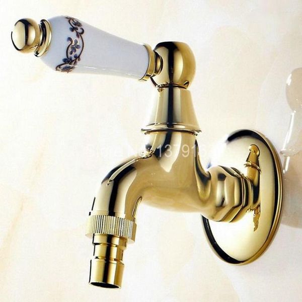 Rubinetti per lavabo da bagno Lusso moderno color oro Ottone Ceramica Fiore Modello Maniglia Rondella Rubinetto a parete Lavanderia Mop Rubinetto per acqua Aav136