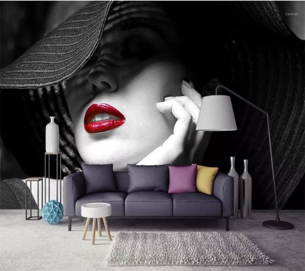 Duvar Kağıtları Mural Özel Duvar Kağıdı Siyah ve Beyaz Kontrast Renk Kırmızı Dudaklar Modern Minimalist Moda Tv Sofa Arka Plan 3D Duvar Kağıdı1