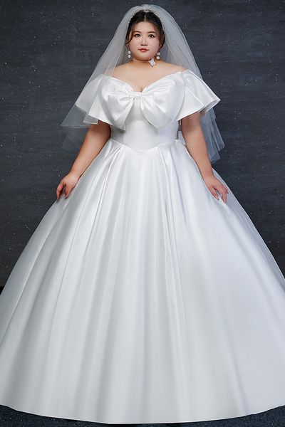 Abito da sposa taglie forti in raso con spalle scoperte maniche corte con lacci sul retro abiti da sposa a vita alta con grande fiocco