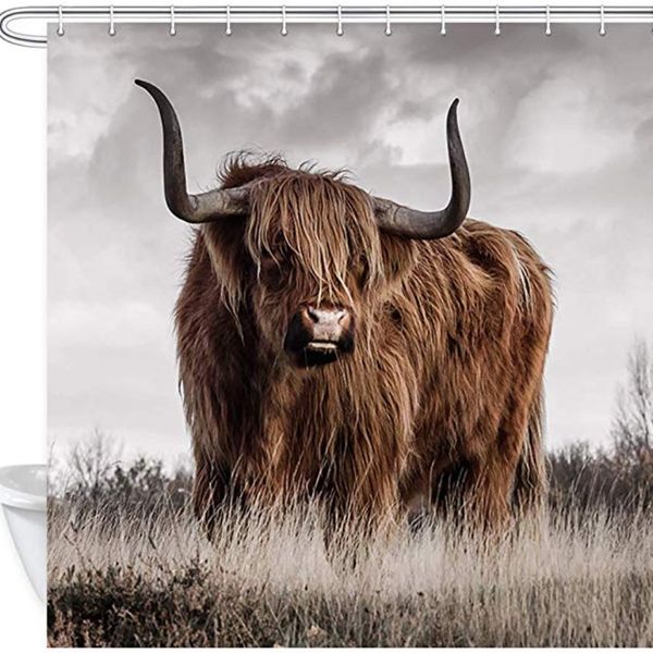 Tende da doccia Highland Cow Tenda da doccia Giardino Stampa 3D Autunno Prateria Paesaggio Tessuto in poliestere impermeabile Tenda da bagno Set da bagno Decor 230523