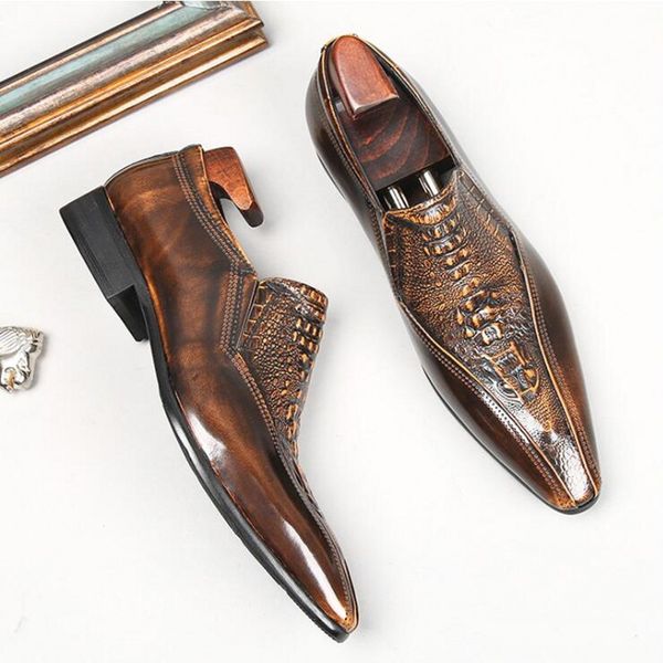 Timsah Deri Erkek Elbise Ayakkabı Moda Kayması El Yapımı Erkek Oxfords Brogue Ayakkabı Büyük Boyut 38-45