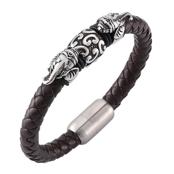 Braccialetti con ciondoli Gioielli alla moda Uomo Bracciale con elefante in pelle intrecciata marrone Chiusura magnetica in acciaio inossidabile vintage Braccialetti fortunati SP0135