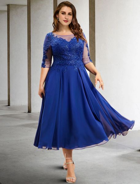 Royal Blue A-Line Plus size Abito Mother of the Bride 2023 Lunghezza del tè Mezza manica gioiello Chiffon Wedding Wedding Guest Party Gowns