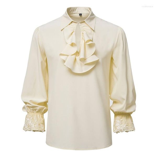 Camisas masculinas de camisa de tamanho prático de mangas compridas Jabot Lace Tie Men Gothic Punk Ruffle Tops Tops de Halloween Traje Vintange 2023