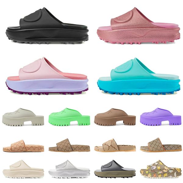 2023 Casual Fashion Lila Slide Flats Dicker Boden Berühmte bestickte bedruckte Khaki Hochzeitsfeier Flache Ferse oben heiße Hausschuhe Sommer Bequeme Sandalen aus Leder