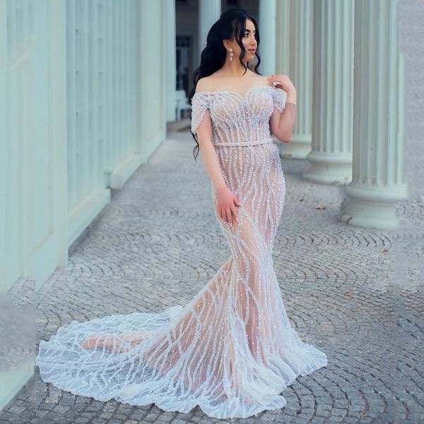 Роскошные обнаженные кружевные русалка вечерние платья с плеча длинные поезда Gillter Beadered Arabic Dubai Aso ebi Prom Honeds