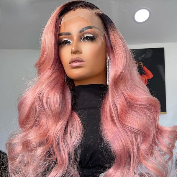 Brasilianisches Haar, rosa Spitze-Front-Perücke für Frauen, HD-transparente Spitze, Lace-Frontal-Perücken, lange gewellte Ombre-Synthetik-Perücke, vorgezupfter Haaransatz
