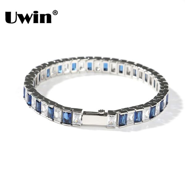 Pulseiras UWIN 8mm Baguettecz Cubic Zirconia Pulseira para Mulheres Primavera Fecho Branco Azul CZ Pedras Tênis Pulseiras Moda Jóias