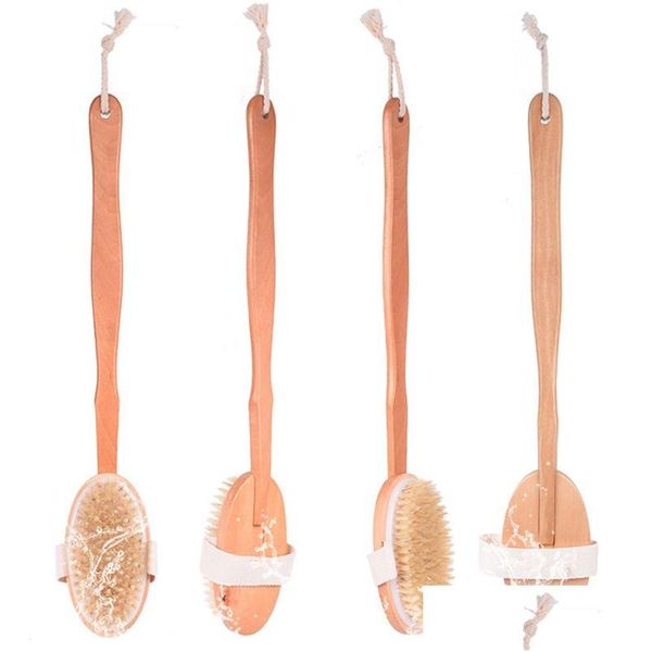 Spazzole da bagno Spugne Scrubber Spazzola per la pulizia con setole di cinghiale naturale Staccabile Manico lungo Corpo in legno Schiena esfoliante Mas Brushe Dhj35