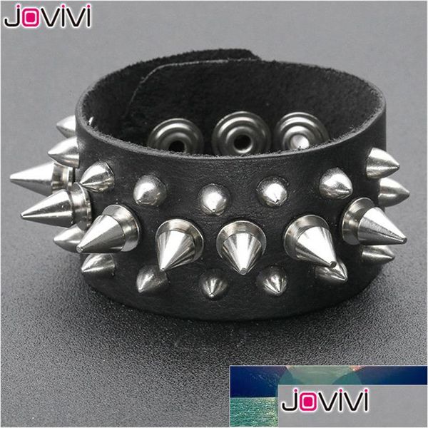 Altri Bracciali Jovivi Largo in Vera Pelle Spike Borchiato Rivetto Biker Skl Bangle Bracciale Punk Rock Nero Regolabile Wr Dhgarden Dh1Dg