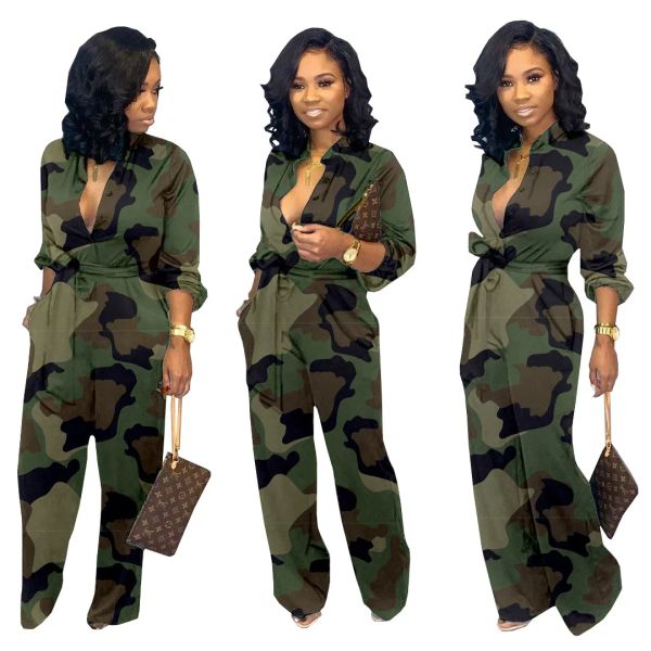 QNPQYX Neue Frauen Camouflage Gedruckt Plus Größe Langarm Bodycon Overall Casual Wrap Gürtel Button-Down Weibliche Overall Overalls Party Club Strampler