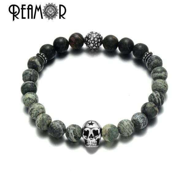 Pulseira reamor 8mm contas de pedra natural homens pulseiras de aço inoxidável sorte estrela crânio cabeça bola charme pulseiras para mulheres jóias presente