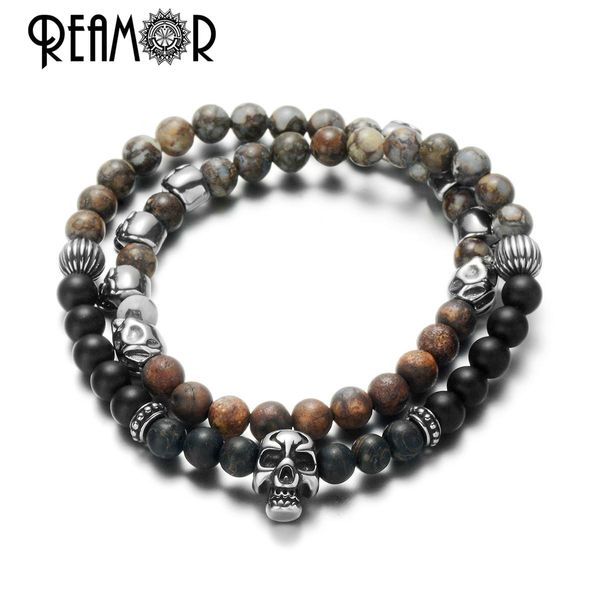 Pulgle reamor punk masculino jóias naturais de pedra artesanal Bracelete de miçanga de aço inoxidável Cabeça