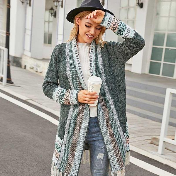 Maglieria da donna BOHO INSPIRED Cappotto maglione boemo Inverno Lunghezza media maniche lunghe larghe Cardigan lavorato a maglia Top con frange Vintage Donna